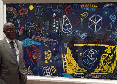 Floyd Newsum, After The Storm CNN, oil, acrylic, art on paper, 52 x 82” contemporary art, fine art,  dark blue painting, Smithsonian, 